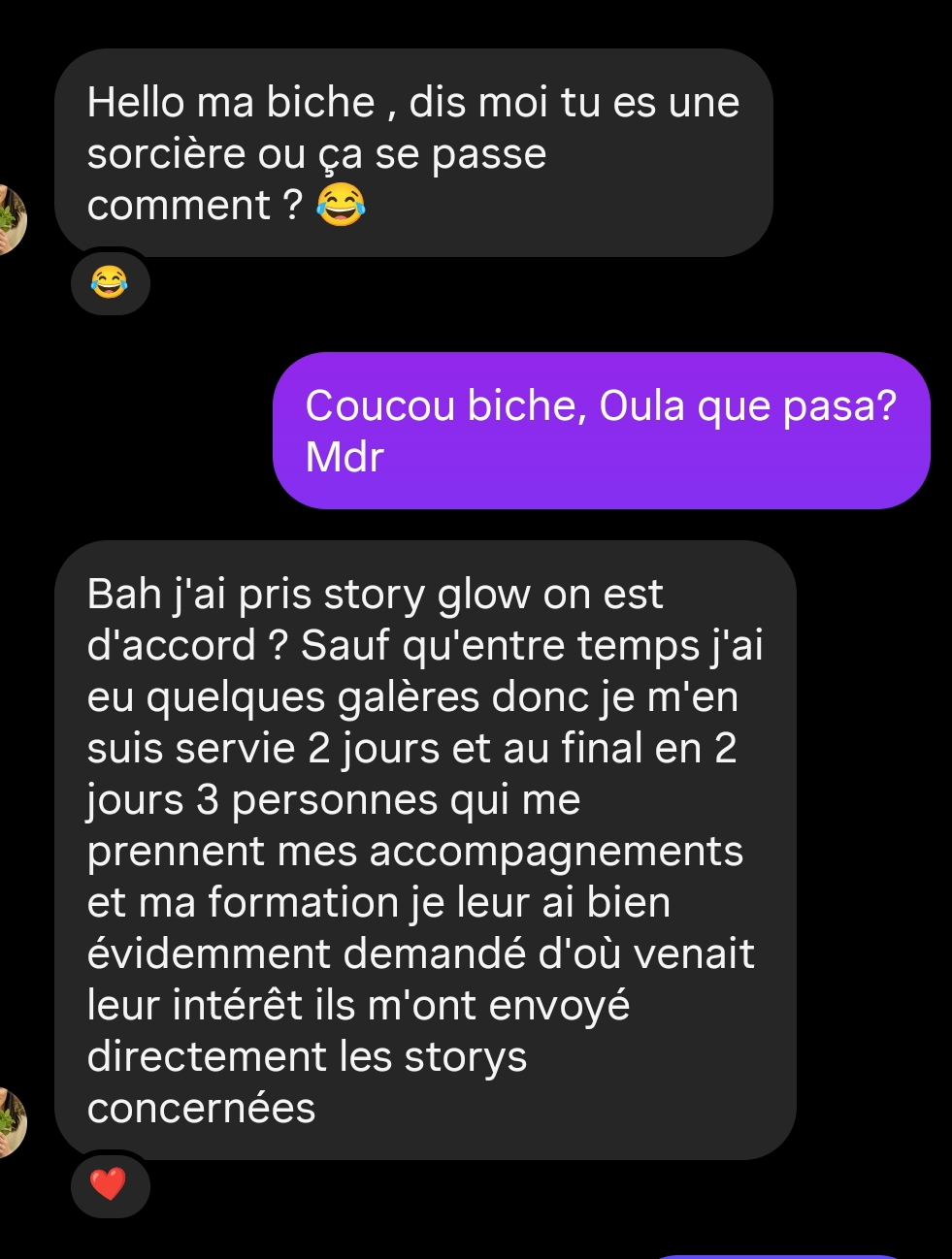 Cliente : « J'ai pris Story Glow et en 2 jours, 3 personnes prennent mes accompagnements et ma formation. »